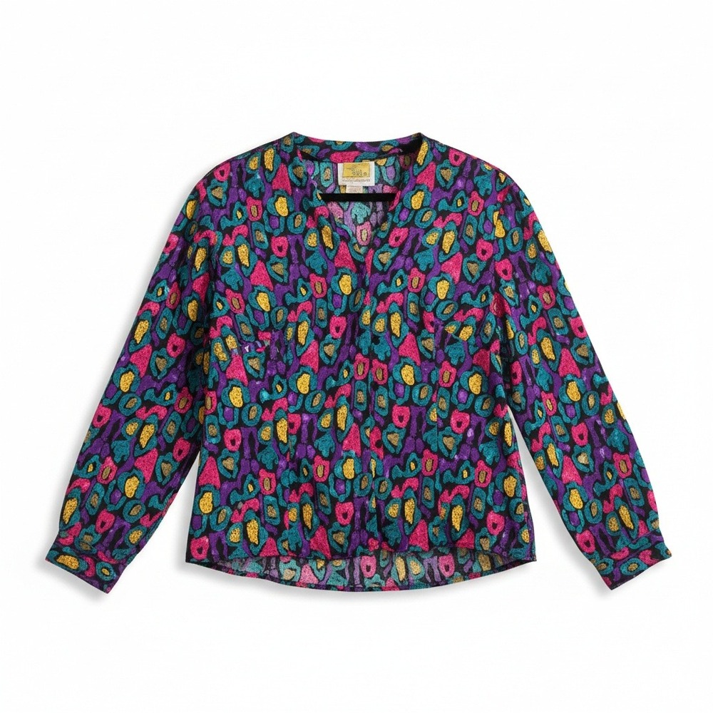 Notations Abstract Leopard Print Blouse, Pink Purple Teal, Women's Size 10‎
